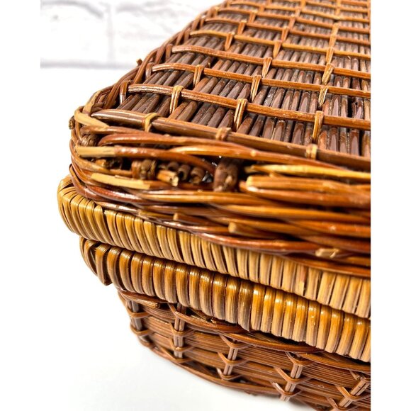 Woven Wicker Rattan Square Suitcase Handbag Picnic Basket Storage Leather VTG - Picture 16 of 16